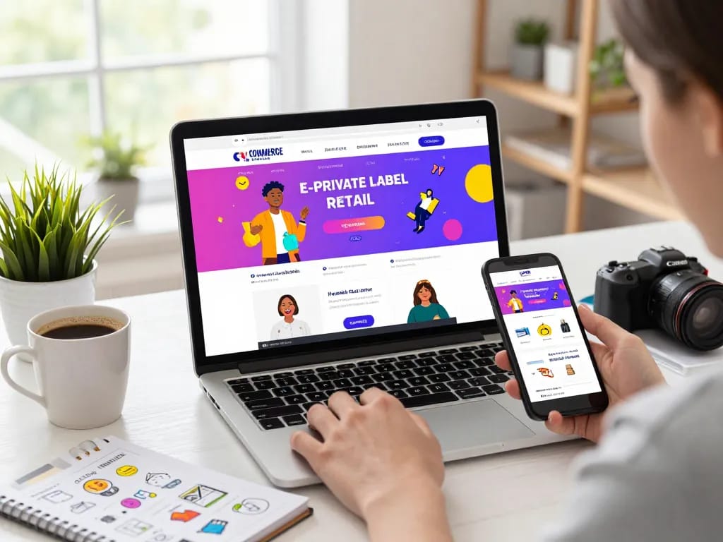 Buy Private Label Rights Products with vibrant online shopping scene showcasing user-friendly interface and engaging visuals.