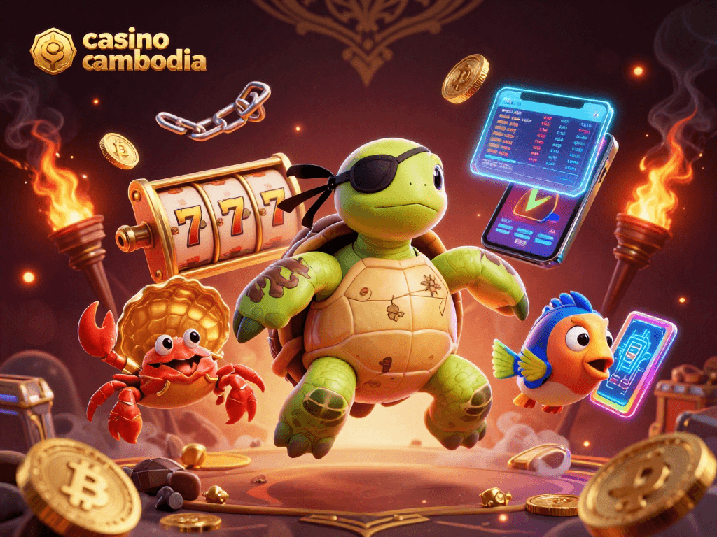 Experience the thrill of casino cambodia with a 3D pirate turtle overseeing vibrant games and crypto elements.