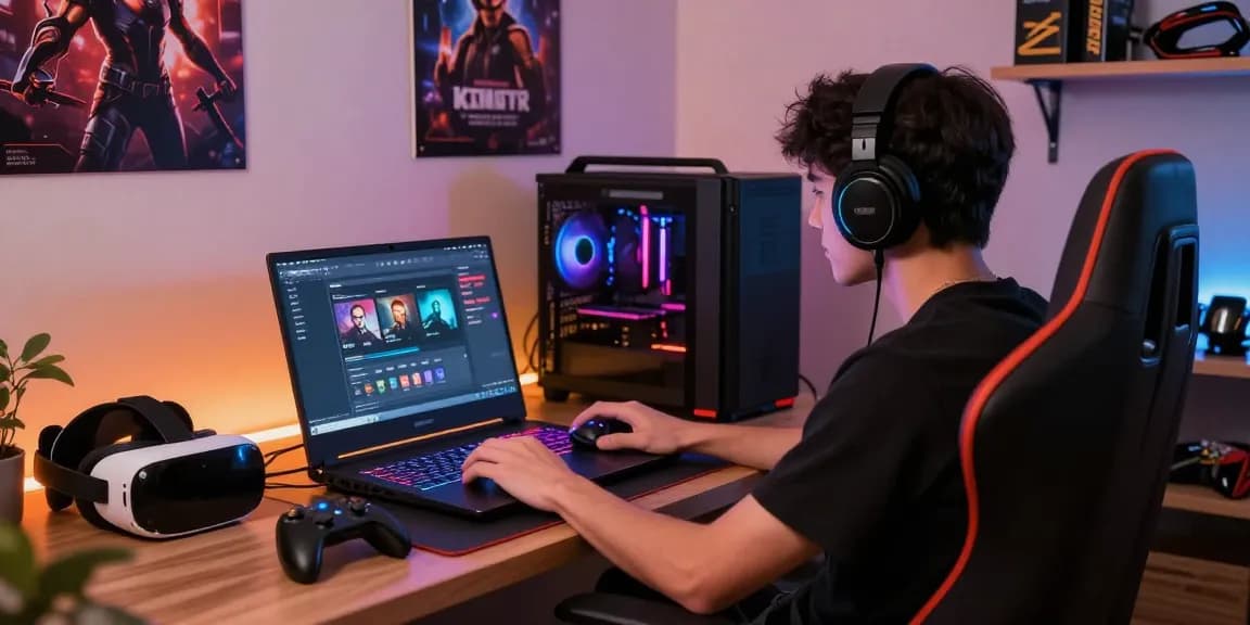 Engaged gamer exploring the garuda303 slot interface on a high-performance laptop with vibrant LED lighting.