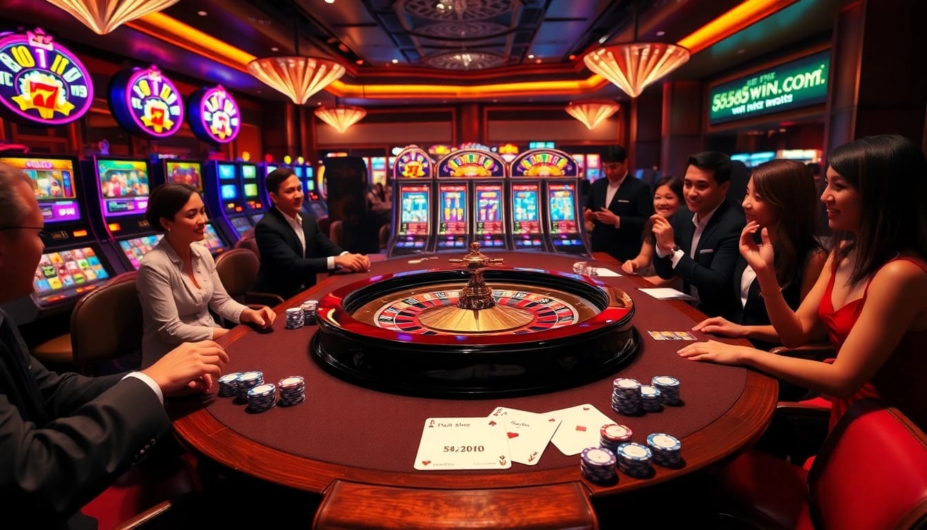Experience the thrill of 555win com at a luxurious casino table with vibrant roulette and joyful players.
