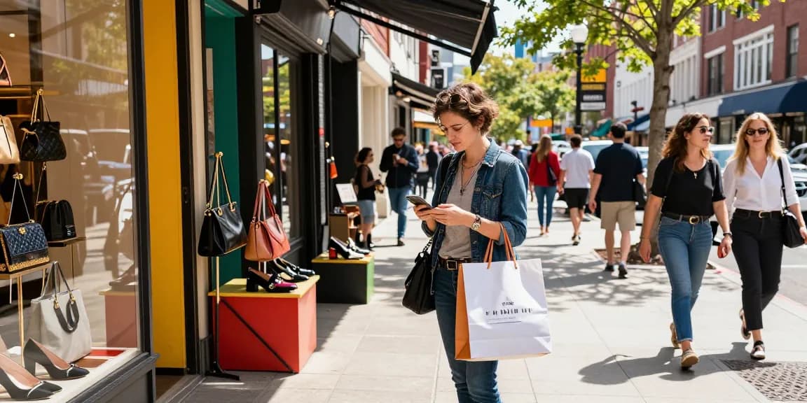 Fashionable shopper exploring a 레플리카 쇼핑몰 in vibrant urban setting with boutique displays.