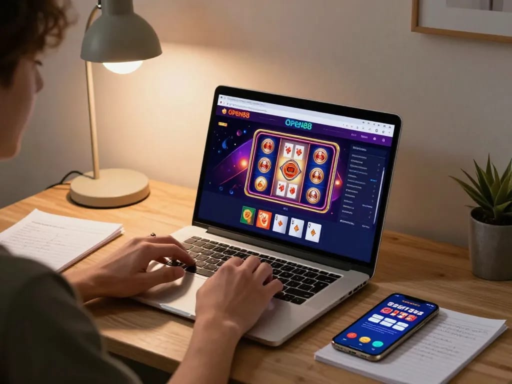 Player exploring Open88 casino options on laptop with a modern home setup.