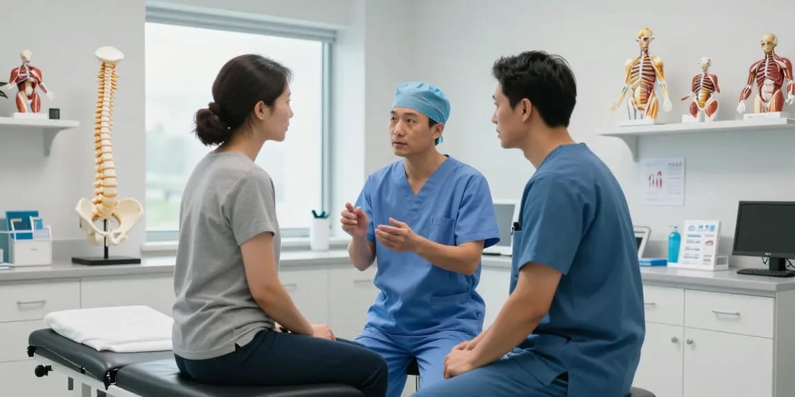 Boyun fıtığı ameliyatı consultation with patient and surgeon in a modern clinic