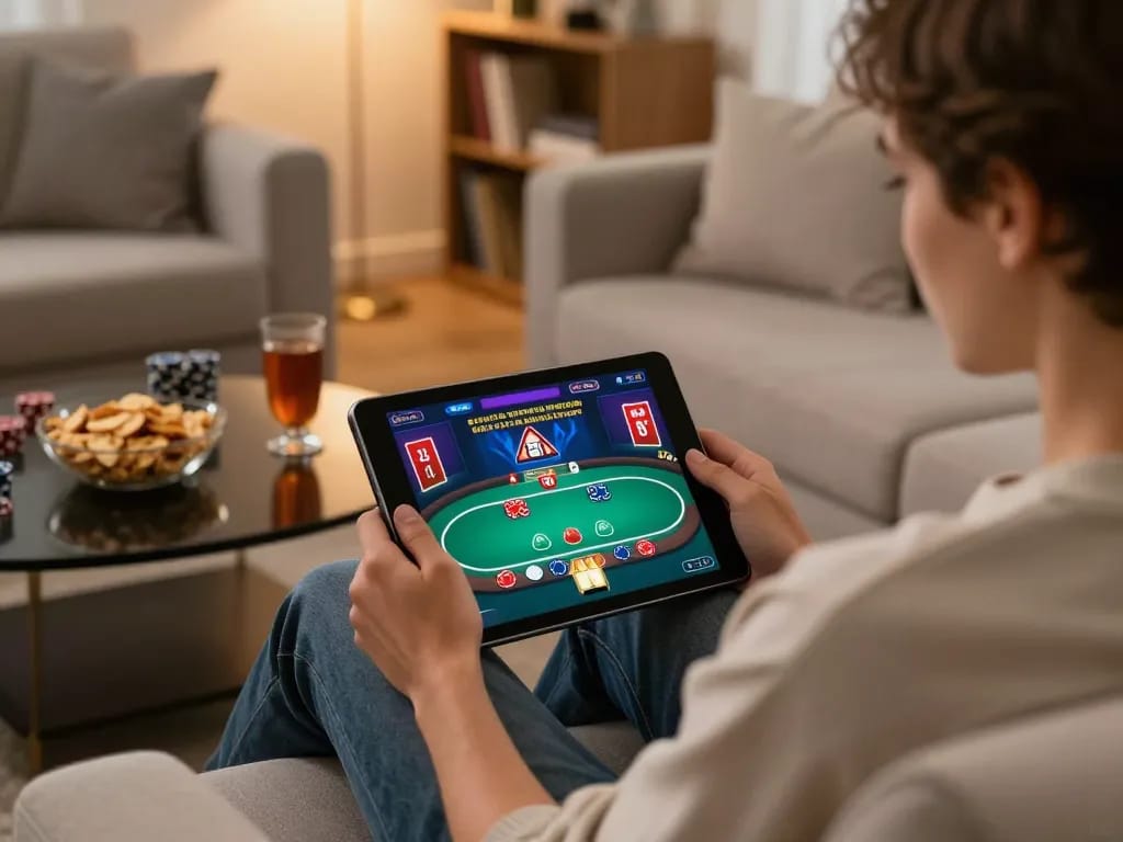Engaging in an online poker game on tg8 tablet with a cozy atmosphere and snacks nearby
