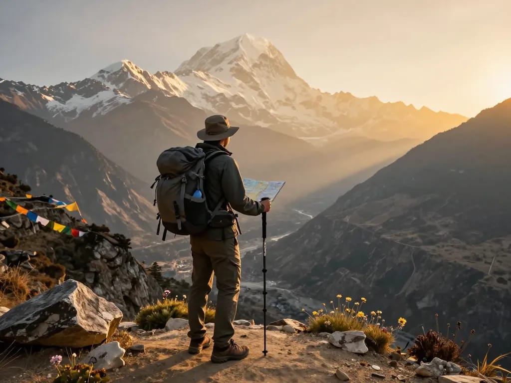 Trekking the Annapurna Circuit at sunset, traveler gazing over scenic mountains and valleys with trek to annapurna circuit experience.