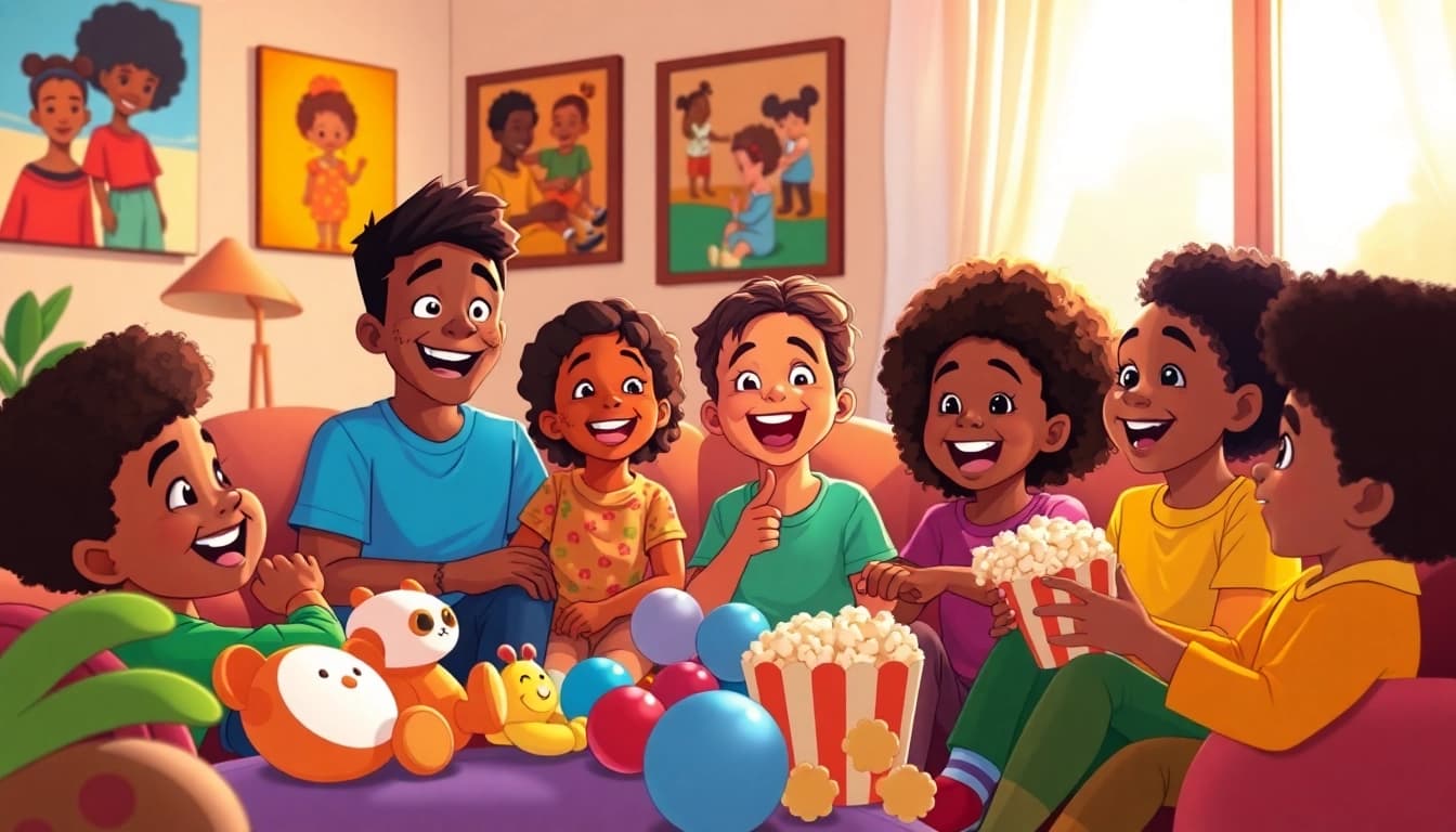 A lively scene of children enjoying African American Cartoons in a cozy living room.