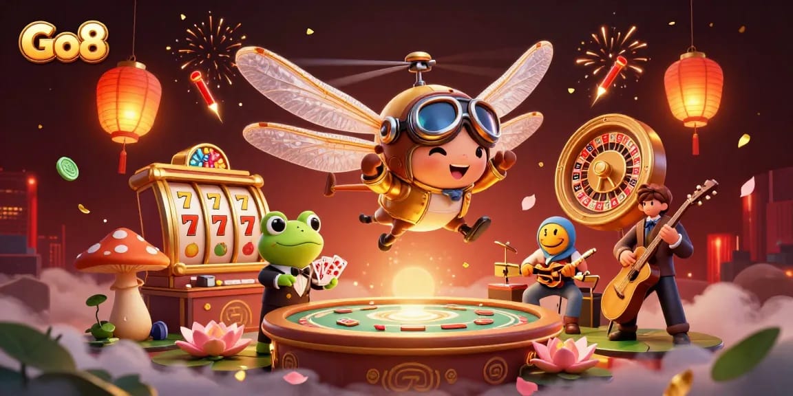 Experience thrilling gameplay at Go8 with a vibrant, interactive casino scene featuring dynamic characters and lucky symbols.