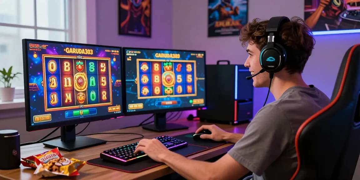 Player enjoying GARUDA303 slot game on laptop in vibrant gaming space