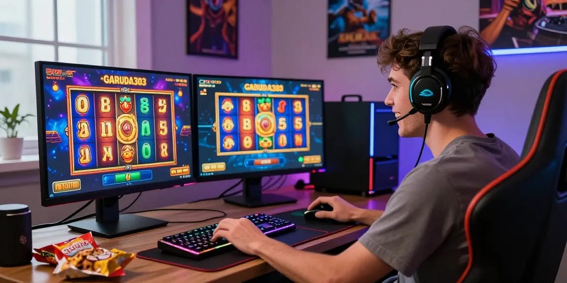 Player enjoying GARUDA303 slot game on laptop in vibrant gaming space