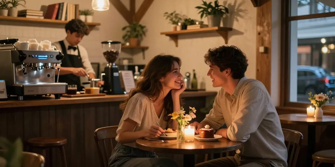 Having a crush on someone special during a cozy cafe date.