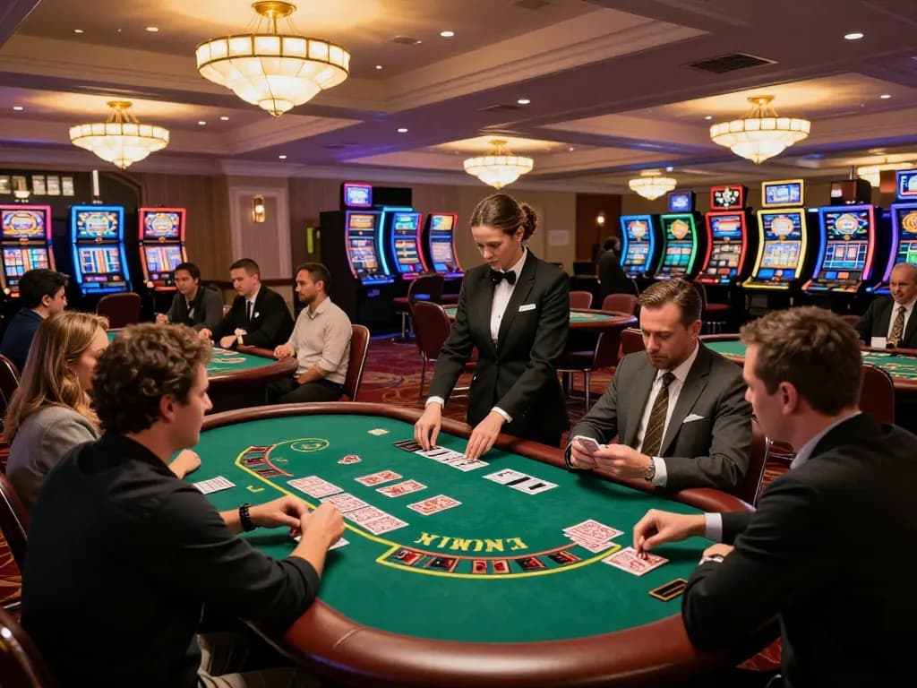 Players engaging in an intense game at LV88 casino's stunning blackjack table, showcasing strategy and excitement