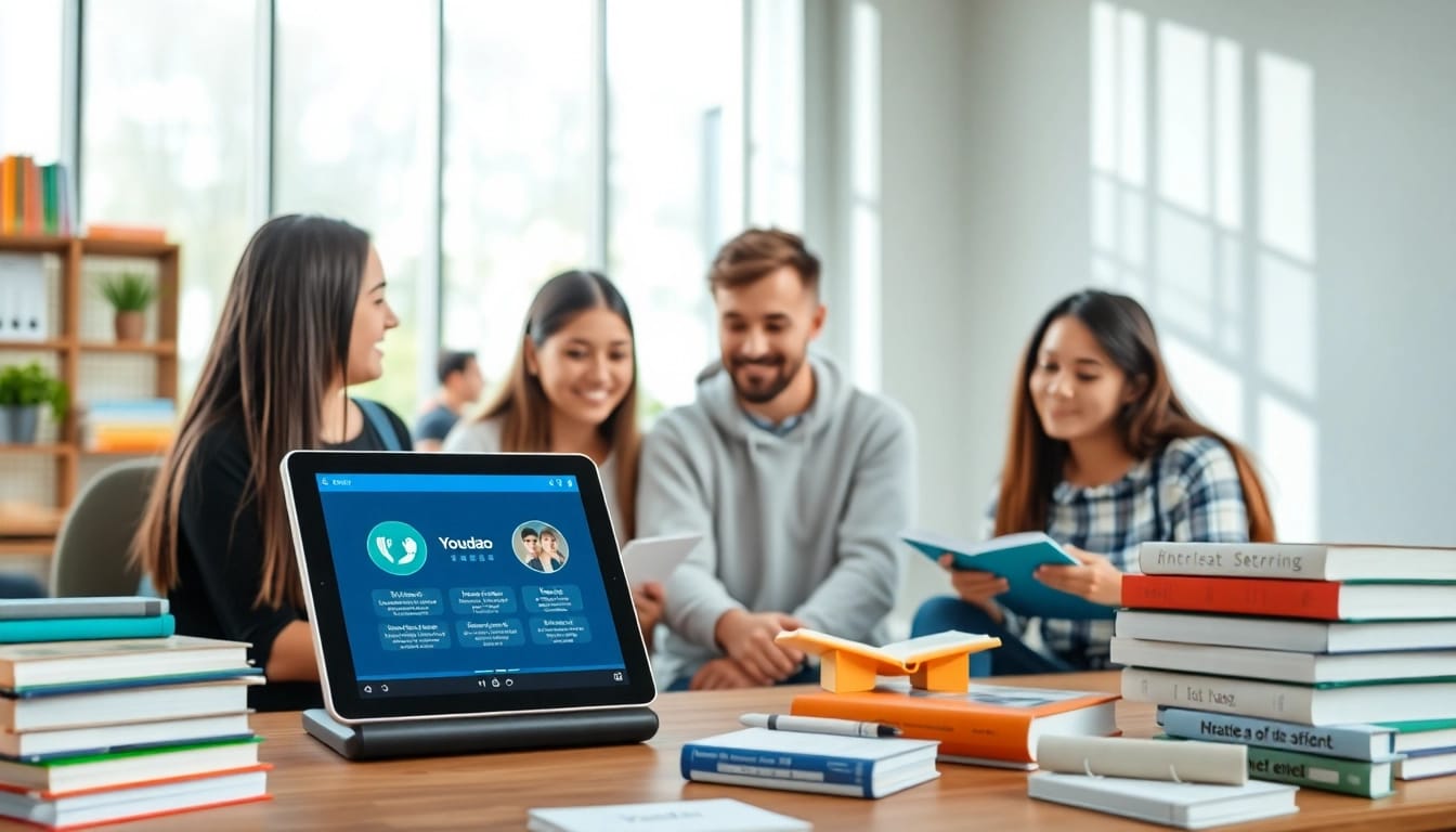 Youdao language translation app in a vibrant learning environment with students interacting