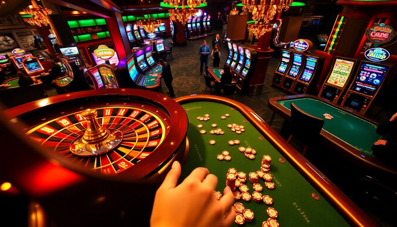 Engageant les joueurs dans une scène de casino luxueuse, mettant en vedette des éléments de jeu de casino en ligne France fiable tels que des tables de roulette et de poker.