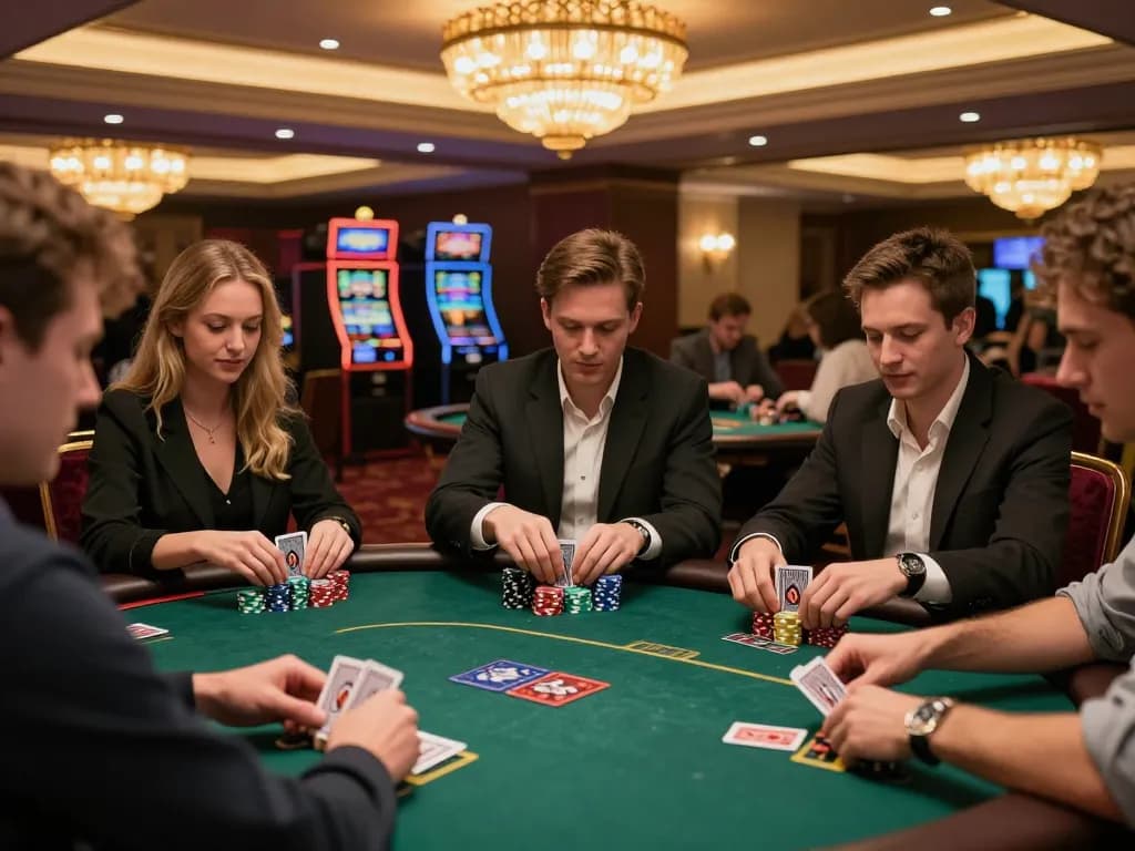 Kubet players engaged in a high-stakes poker game with dynamic actions and lively atmosphere.