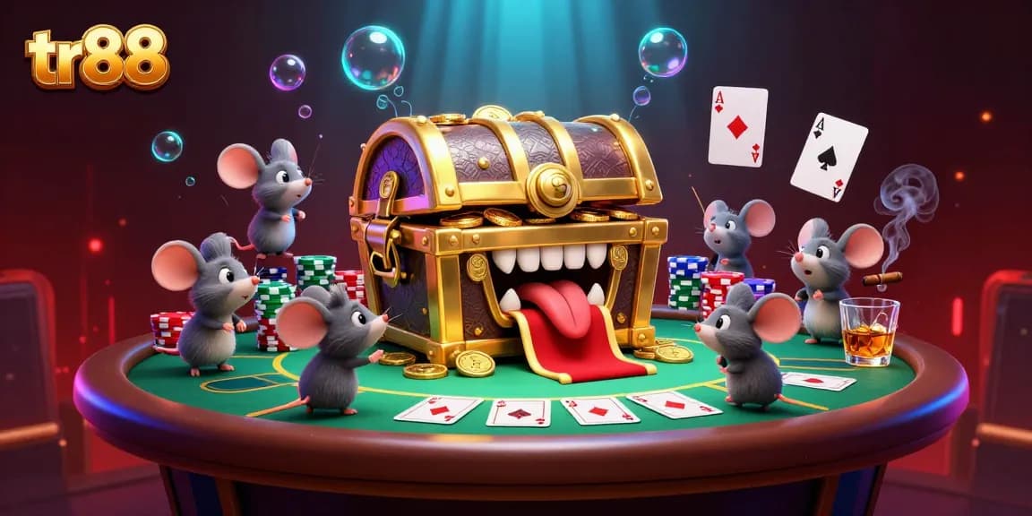Engage in thrilling gameplay with tr88 at the center of a vibrant 3D poker scene filled with treasures.