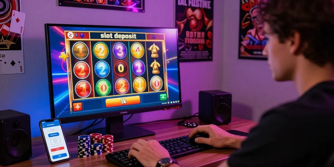Engaged player exploring slot deposit 1k with vibrant game interface and colorful reels.