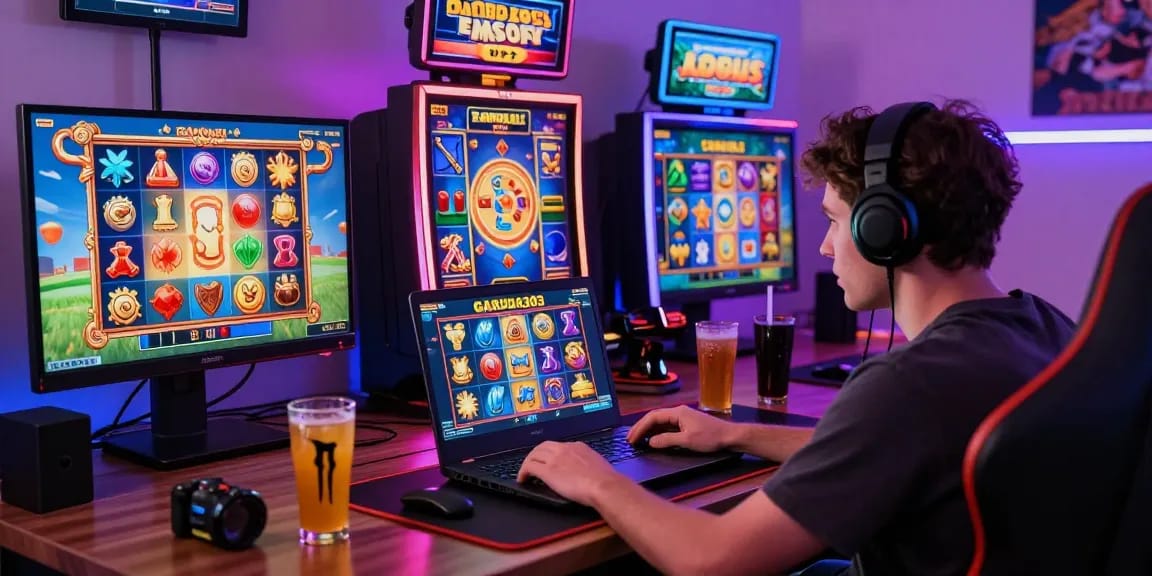 Engaging player exploring GARUDA303 slot games on a colorful gaming setup, showcasing excitement and vibrant graphics.