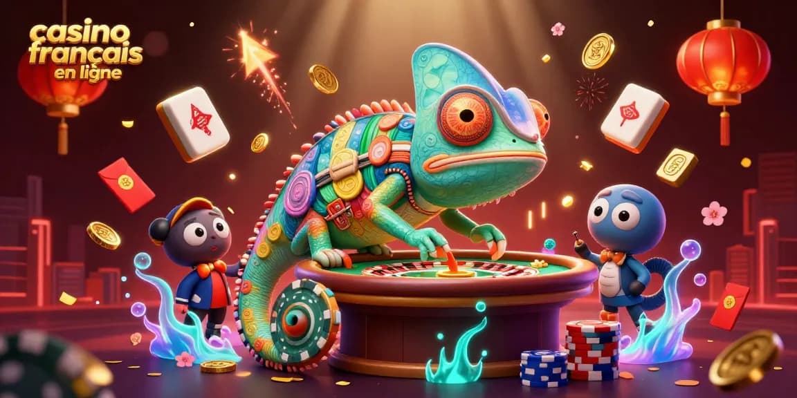 Découvrez le casino francais en ligne avec un caméléon joueur entouré de jetons et décors colorés.