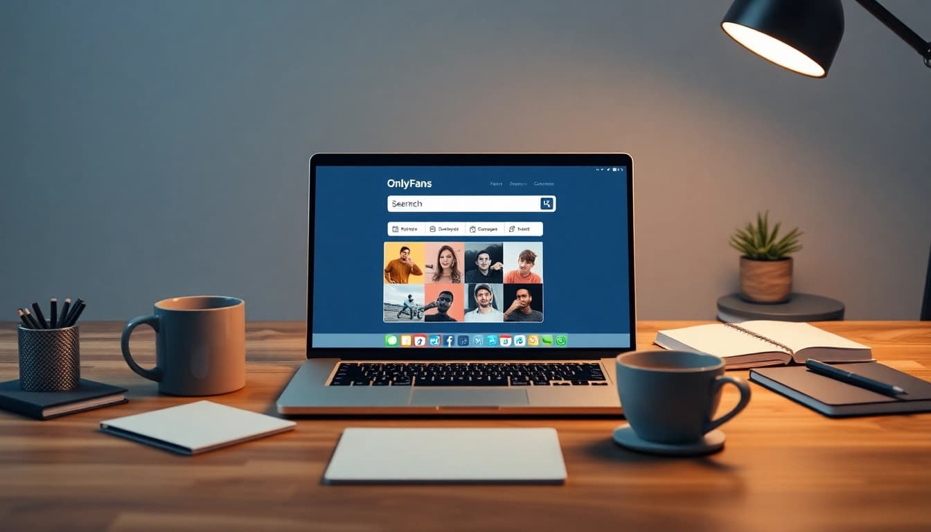 OnlyFans Search tool displayed on a stylish workspace laptop, promoting easy content creator discovery.