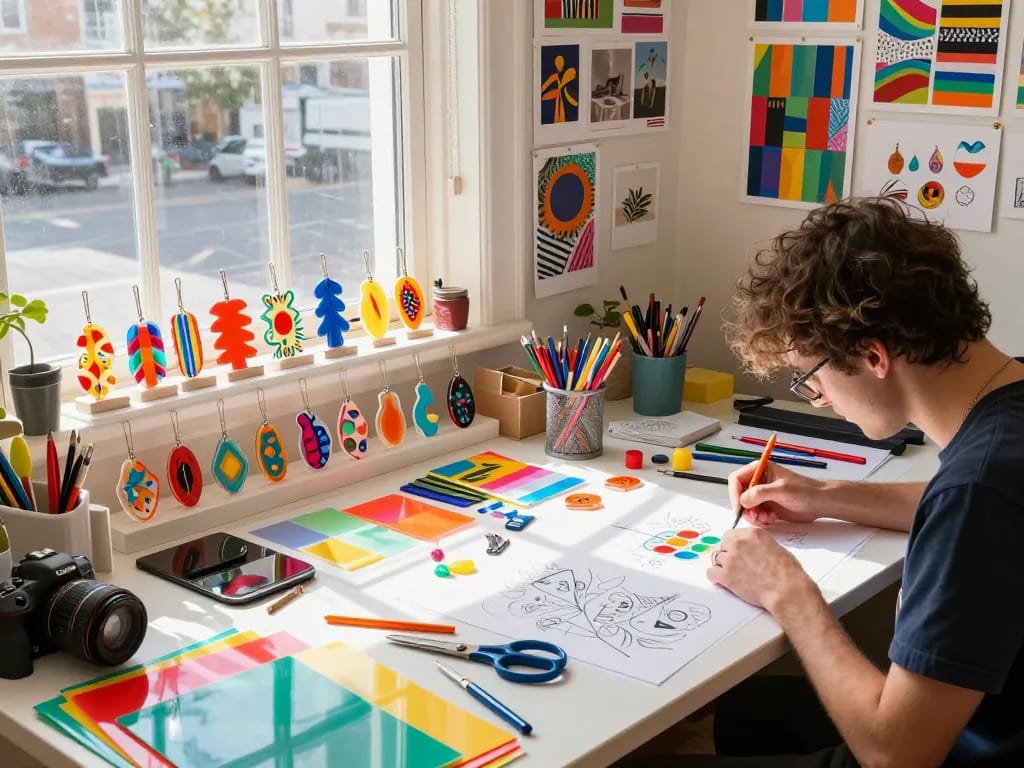 Custom acrylic charms designed with vibrant colors and unique shapes in an artistic studio.