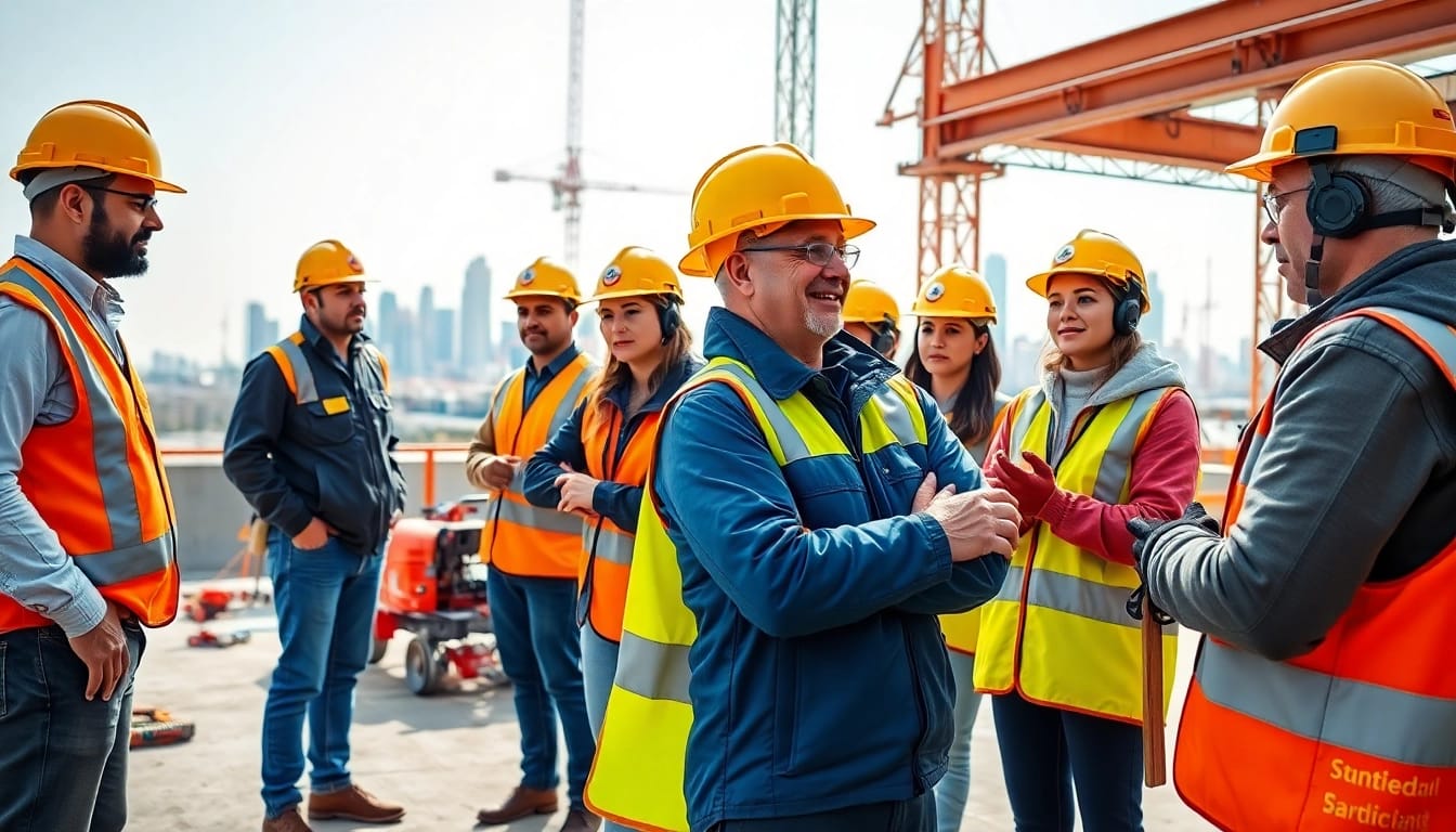 Engaged professionals participating in construction training programs at a vibrant site, showcasing teamwork.