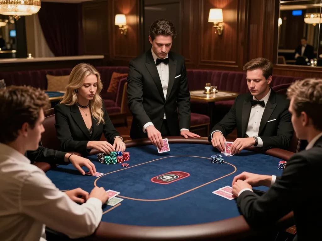 Players in an upscale AE888 poker lounge engaged in strategic gameplay with elegant decor.