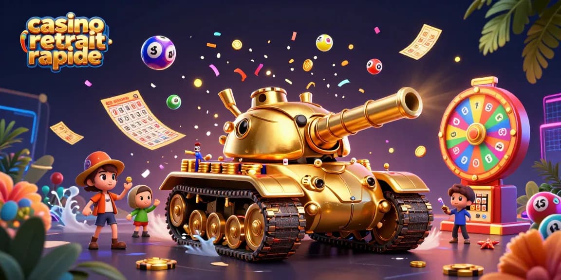 Une illustration 3D de casino retrait rapide, avec un tank en forme de scarabée dévoilant un casino miniature.