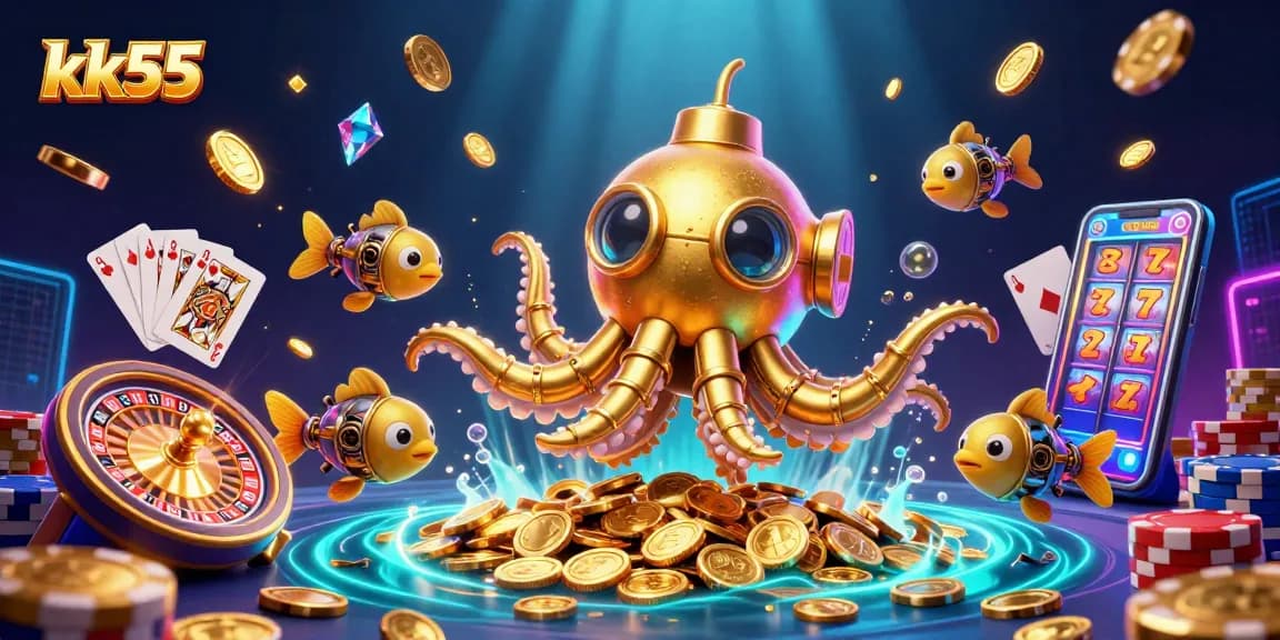 Experience the thrill of kk55 with captivating games and golden rewards in a vibrant casino scene.