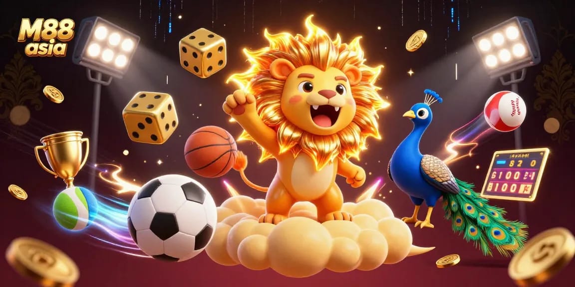 Experience thrilling gameplay with M88 asia's vibrant casino scene featuring a roaring sun lion, golden dice, and dynamic sports elements.