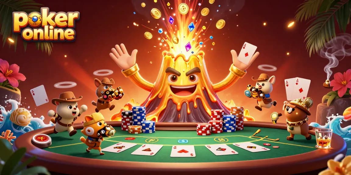 Experience thrilling poker online action with a golden volcano erupting coins and poker game elements.