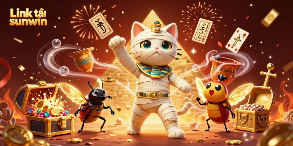 Capture the exciting moment with "Link tải sunwin" as a mummy cat and scarab beetle burst into a casino scene.