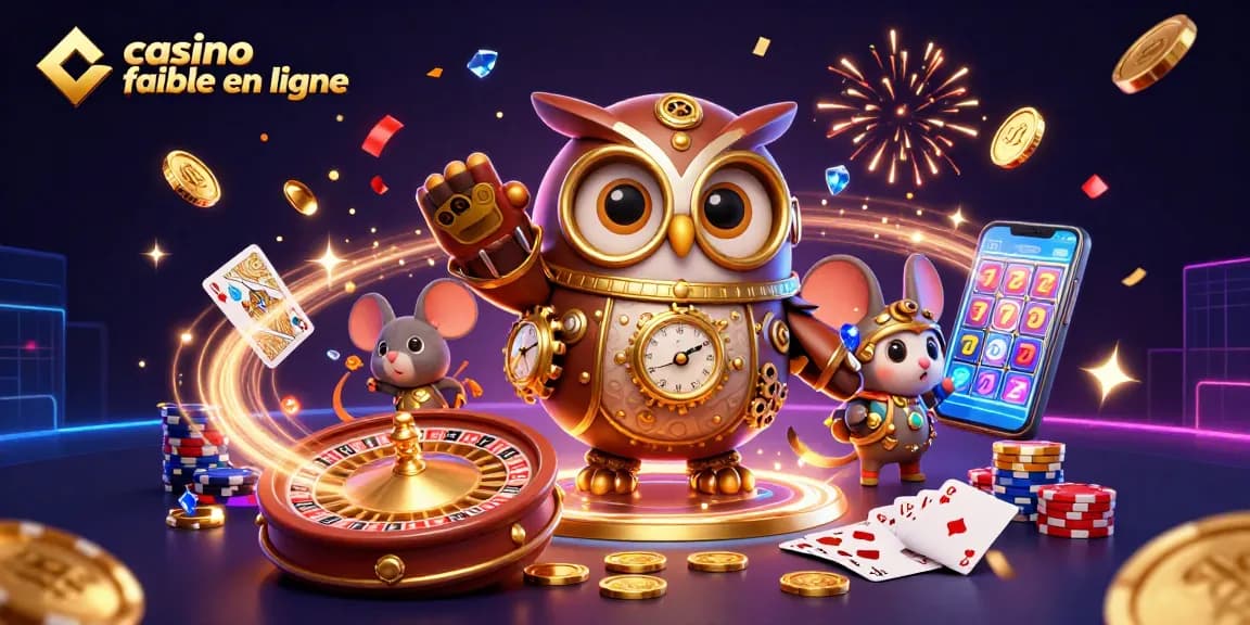 Casino fiable en ligne, illustration dynamique avec un hibou et un compagnon, jeux de casino et jetons colorés