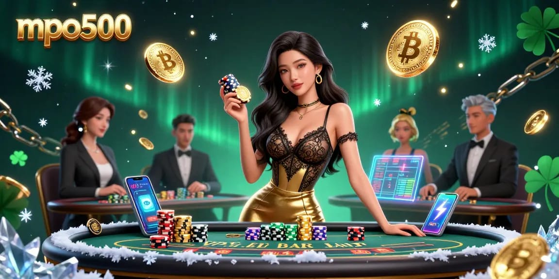 Experience high-stakes gaming at mpo500 with exclusive baccarat and glowing crypto elements.
