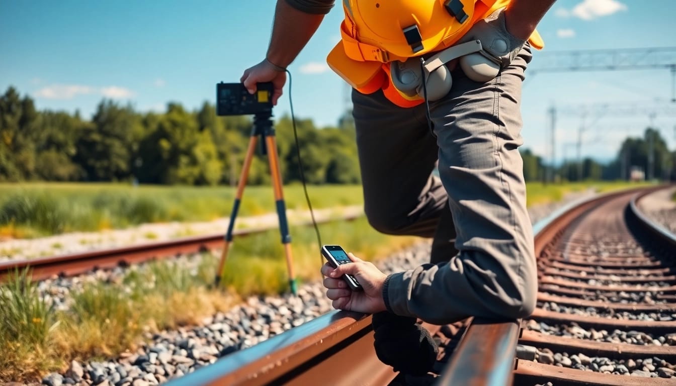 Track Inspectors Near Me conducting detailed inspections on railway tracks equipped with safety gear.