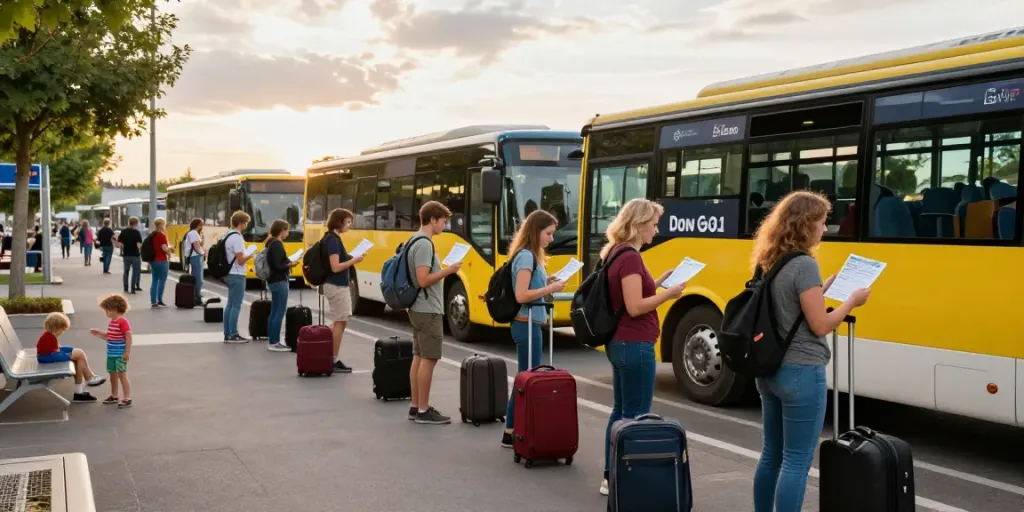 Bilete autocar Moldova Europa la un terminal de autobuz cu călători entuziasmați.