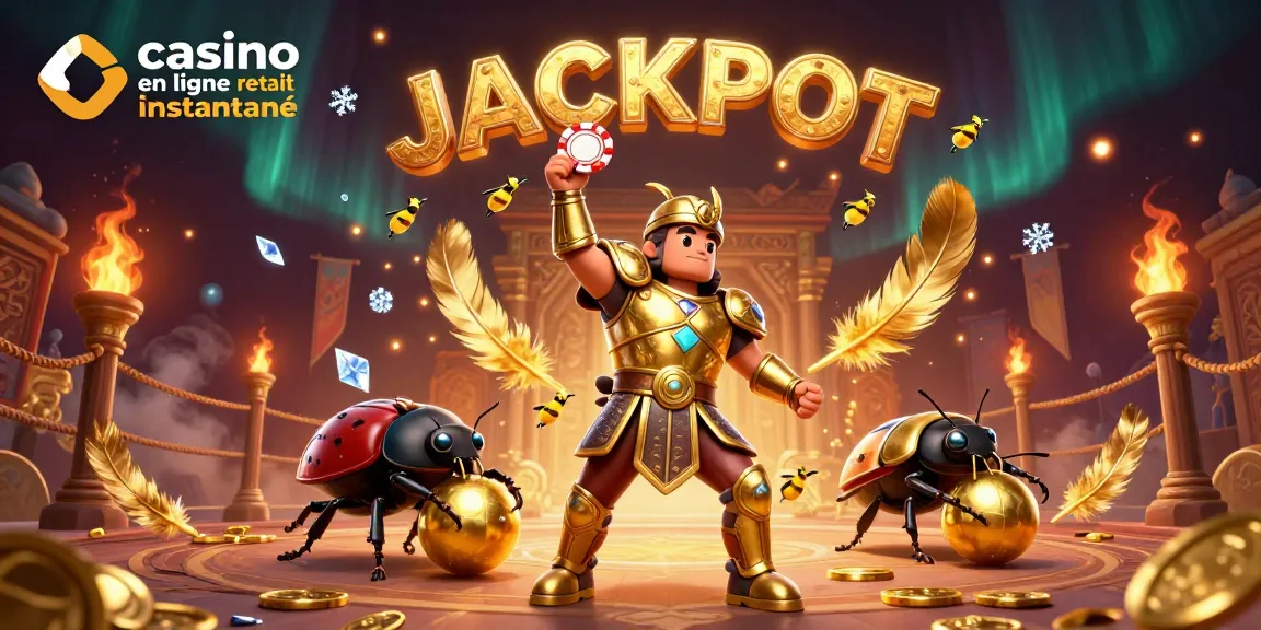 Visualisez le casino en ligne retrait instantané avec une scène riche où un scarabée soulève un jeton de poker avec des amis et des feux d'artifice.