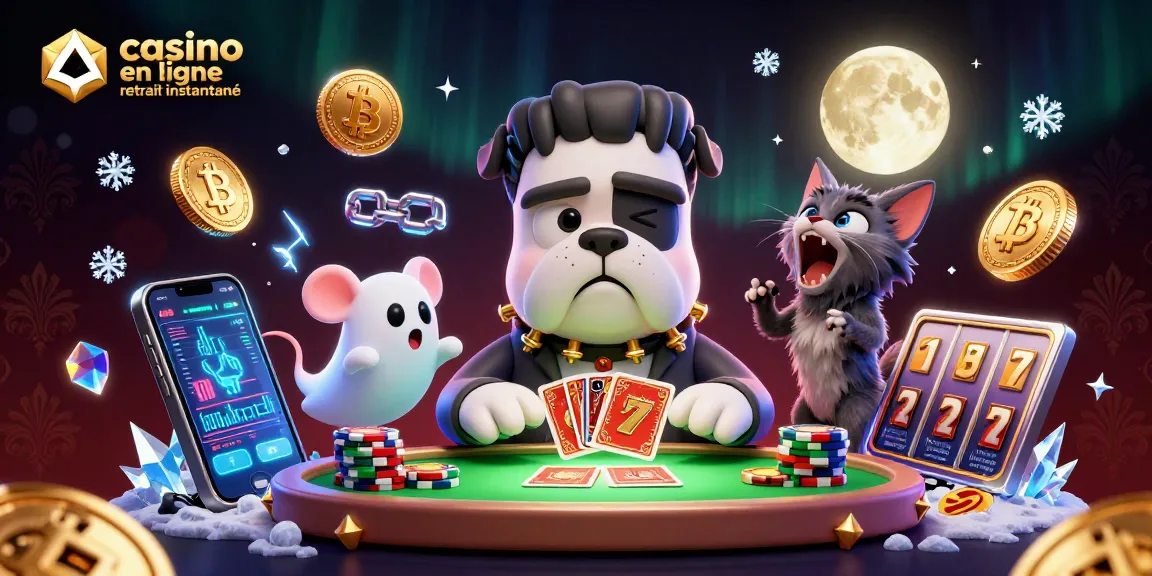 Jouer au casino en ligne retrait instantané avec un bulldog Frankenstein aux cartes, ambiance captivante.