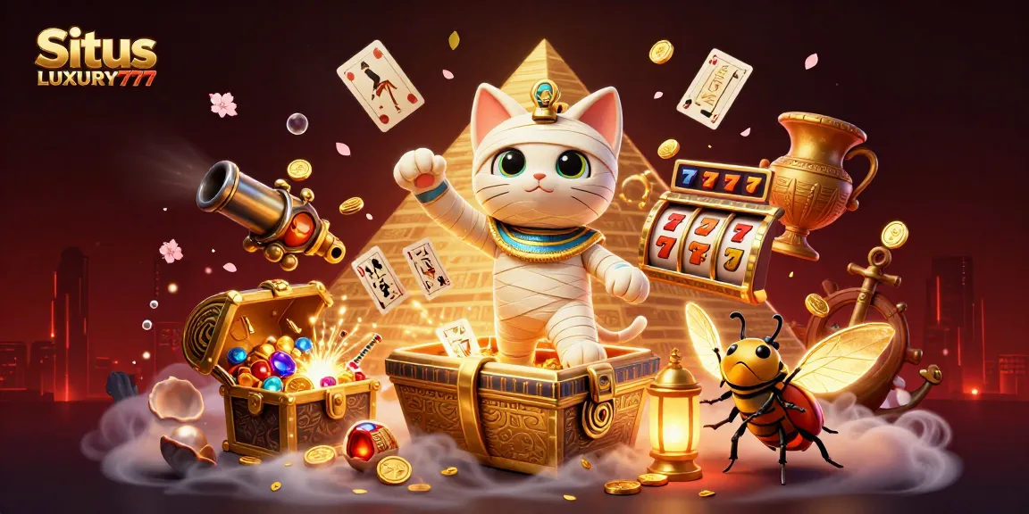 Situs LUXURY777 merayakan kesenangan kasino dengan mumi kartun dan elemen slot yang berkedip.