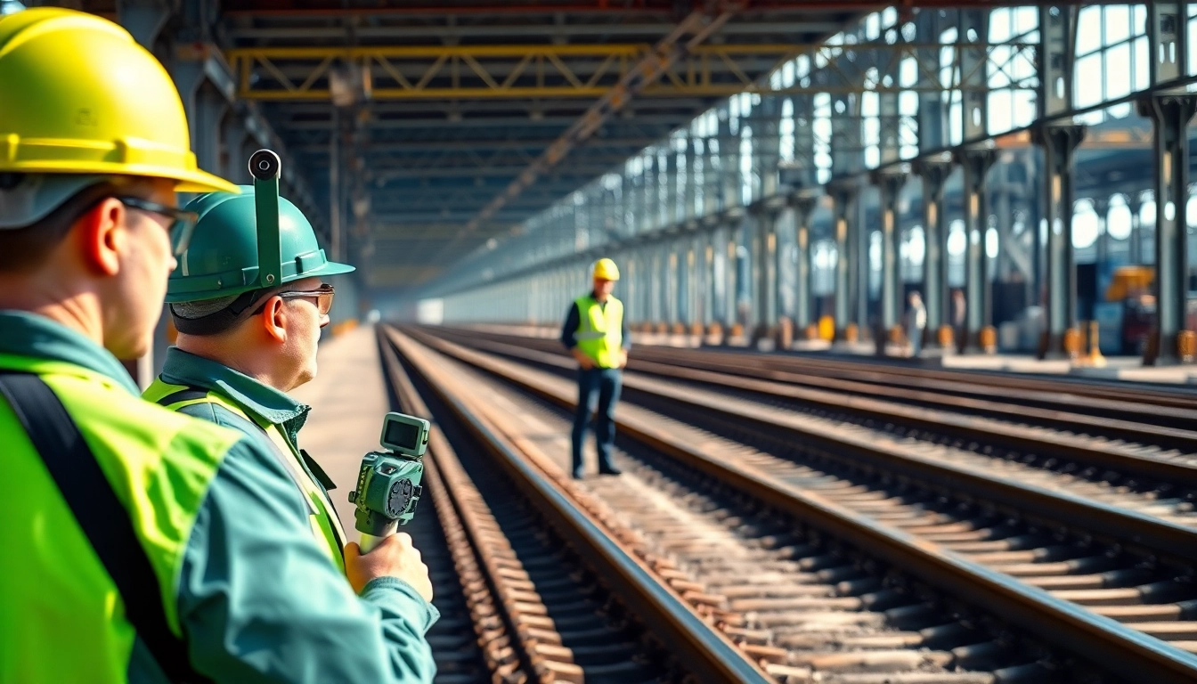 Engaged Track Inspectors Near Me evaluating railroad tracks in an industrial setting.