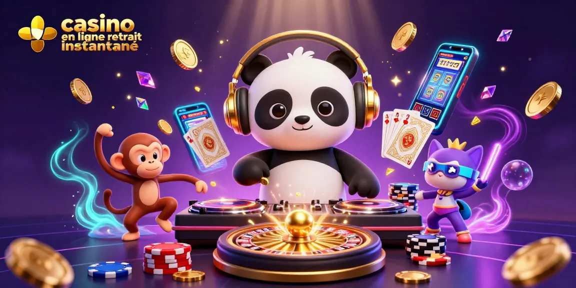 Illustration dynamique d'un panda DJ dans un casino, présentant un retrait instantané rapide.