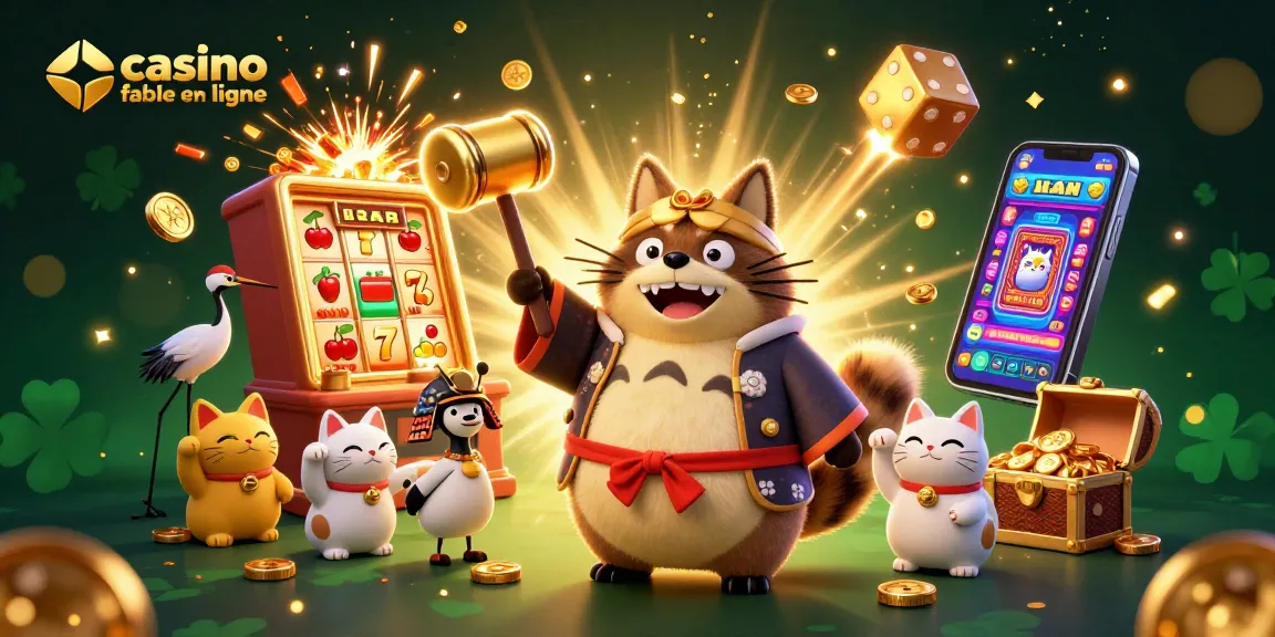 Découvrez le casino fiable en ligne avec un tanuki chanceux entouré de machines à sous et de trésors.