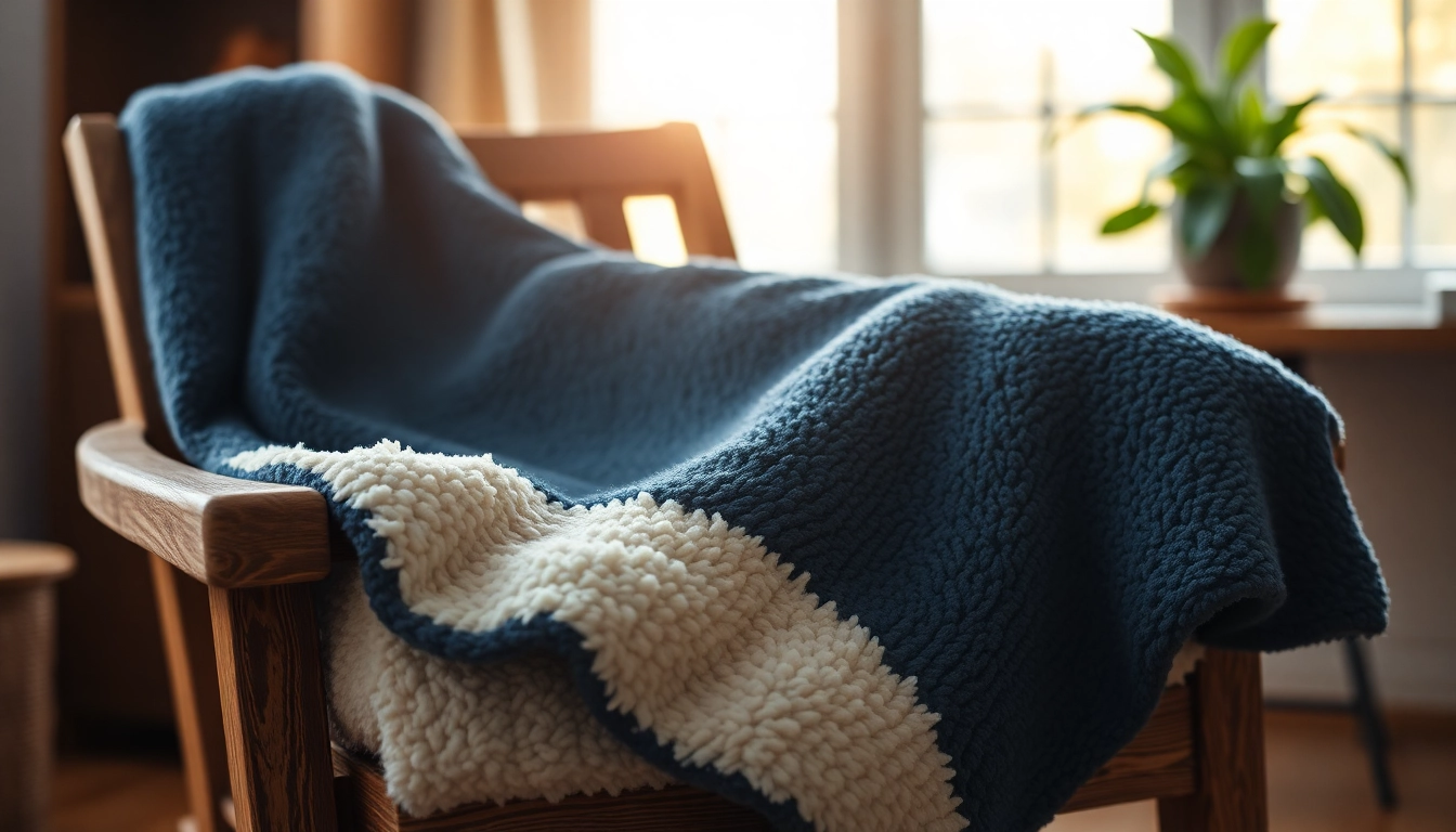 Fleece deken op een rustieke stoel in een gezellige woonkamer met natuurlijk licht.