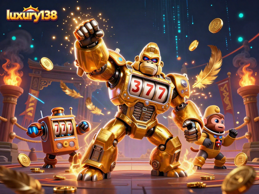 Menangkan pengalaman judi online bertema luxury138 dengan karakter kera emas mekanik dan simbol slot.