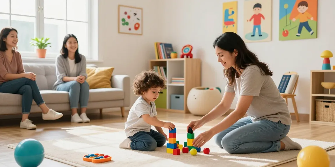 Occupational therapy session with therapist engaging child in motor skills activity using colorful blocks and sensory tools.