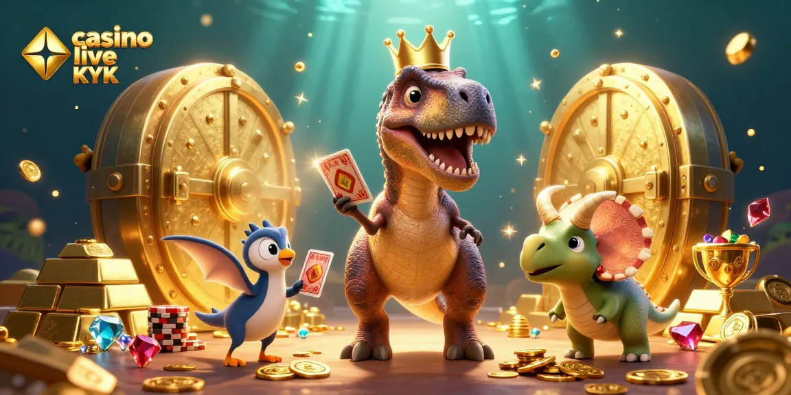 Illustration captivante représentant un casino live sans KYC avec un T-Rex en train de jouer aux cartes, entouré de pièces d'or et de joyaux