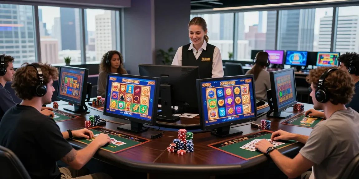 Players enjoying the garuda303 slot games in a modern gaming lounge filled with vibrant graphics and interactive elements.