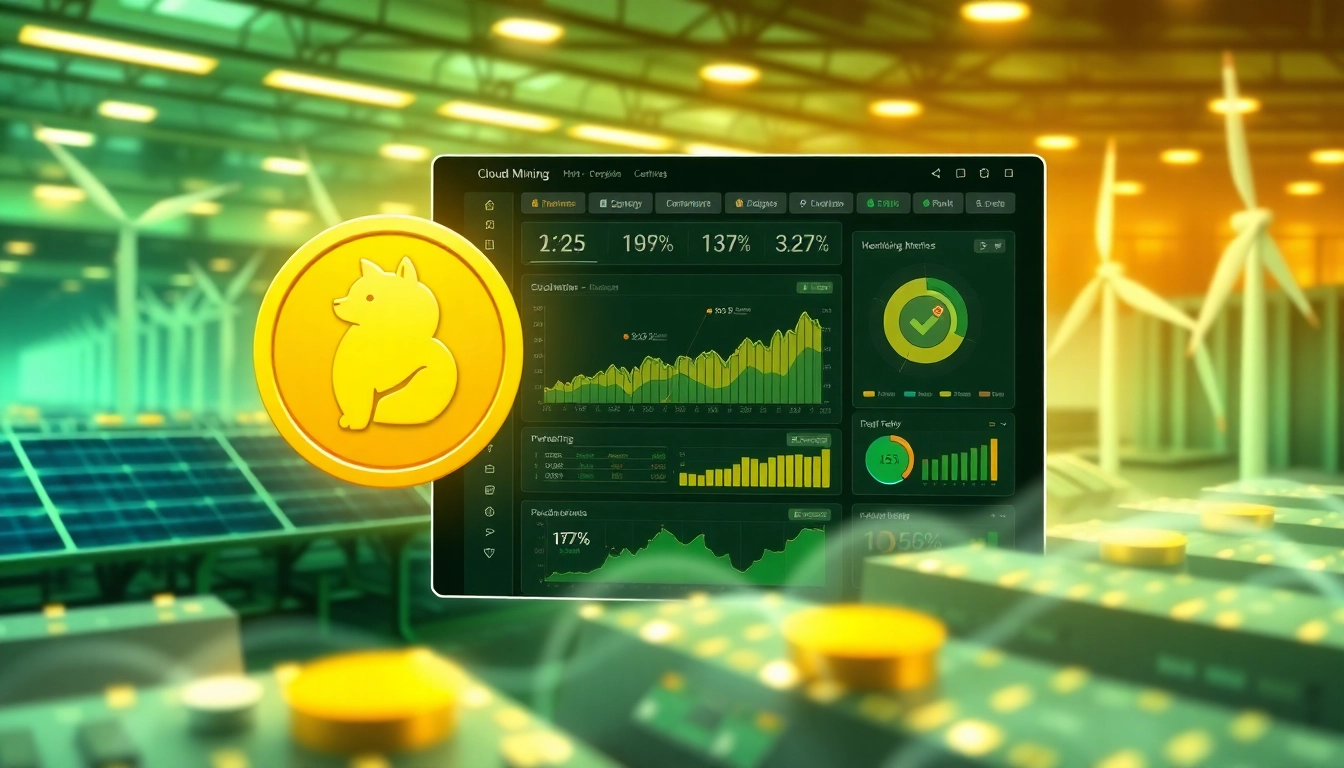 Visual representation of dogecoin cloud mining profit with advanced technology and renewable energy.