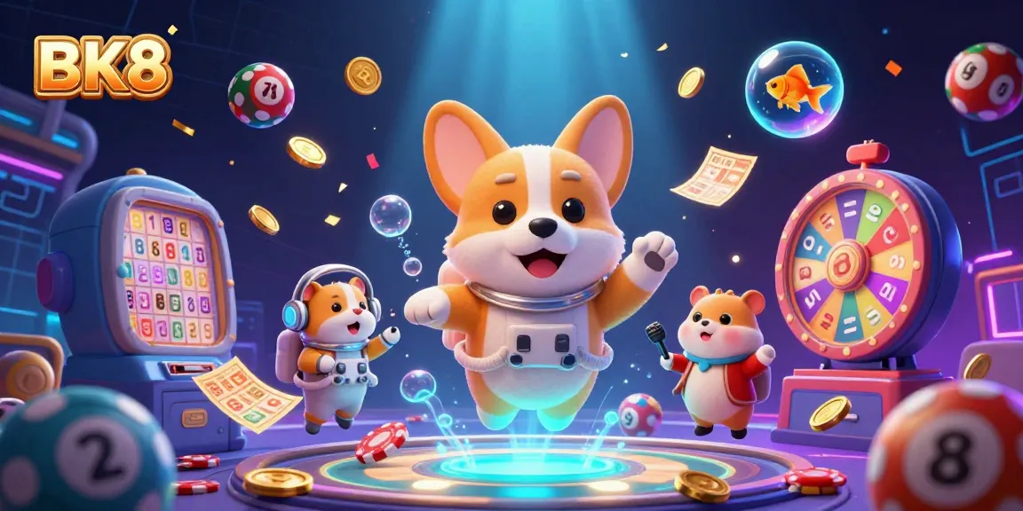Experience thrilling moments of BK8 as a floating corgi and casino characters engage in a dynamic gaming scene.