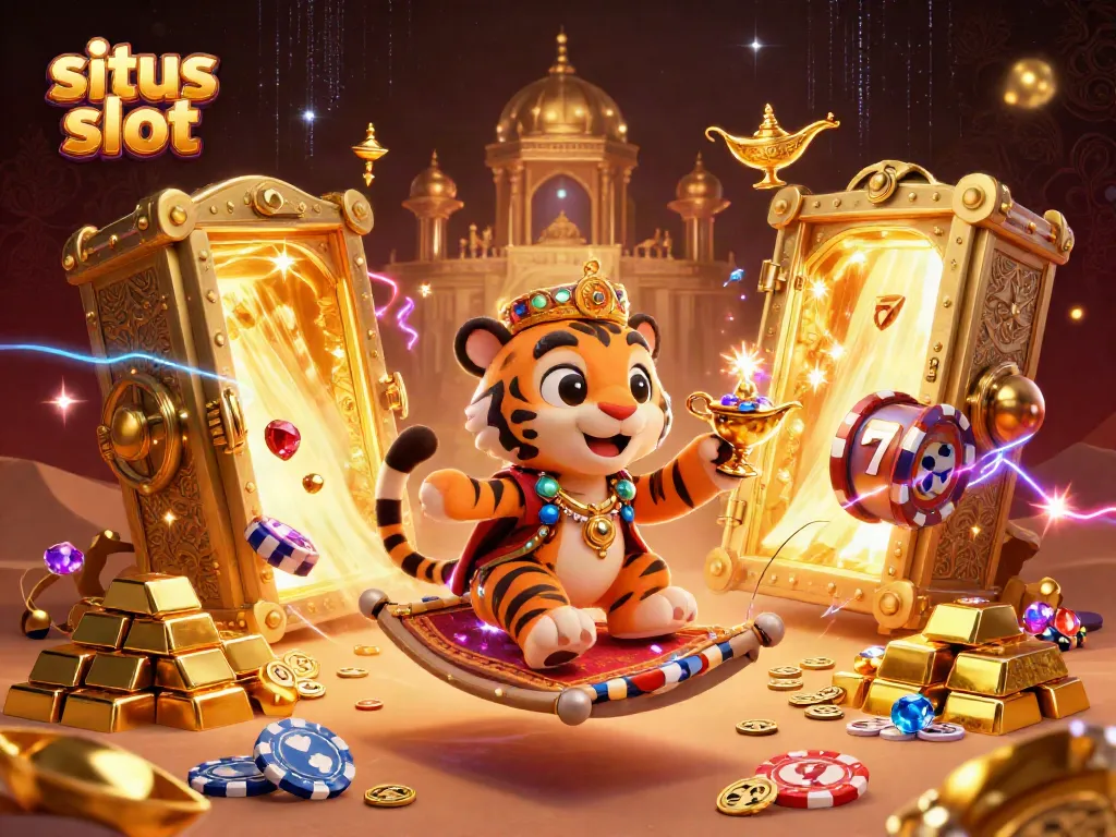 Gambaran dinamis situs slot dengan sultan harian yang mengendarai karpet taruhan yang terbang, bersiap untuk menang.