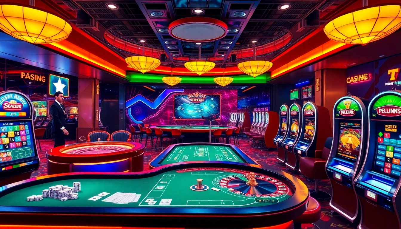 Scène palpitante de casino en ligne France fiable, présentant des activités de jeu en ligne vibrantes avec des tables de poker et des machines à sous.